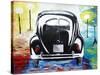 Surf VW Bug Series - The Black Volkswagen Bug Split Window-Martina Bleichner-Stretched Canvas