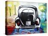 Surf VW Bug Series - The Black Volkswagen Bug Split Window-Martina Bleichner-Stretched Canvas