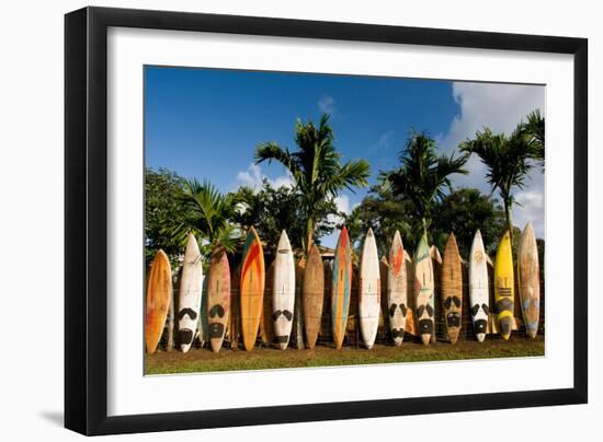 Surfboards Decoration in Garden, Huelo, Hawaii-Sergi Reboredo-Framed Premium Photographic Print