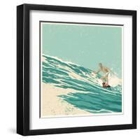 Surfer and Big Wave. Vector Illustration. Grunge Effect in Separate Layer.-jumpingsack-Framed Art Print