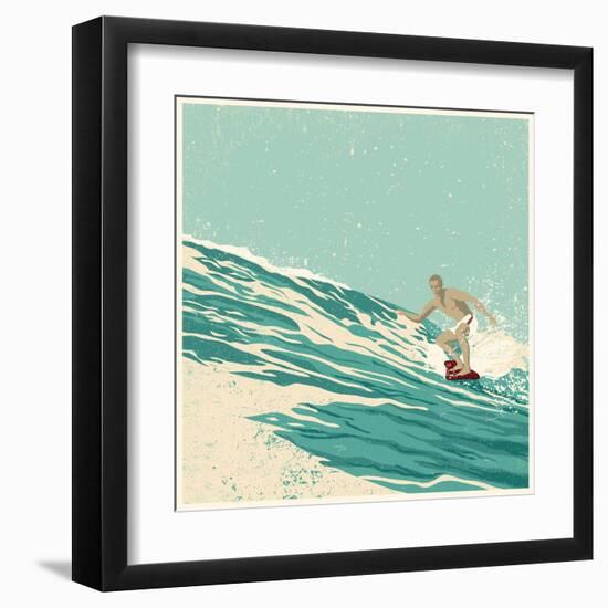 Surfer and Big Wave. Vector Illustration. Grunge Effect in Separate Layer.-jumpingsack-Framed Art Print