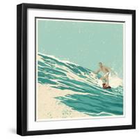 Surfer and Big Wave. Vector Illustration. Grunge Effect in Separate Layer.-jumpingsack-Framed Art Print