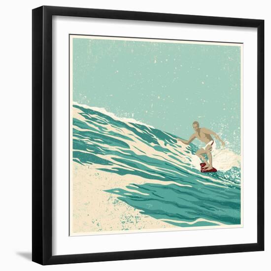 Surfer and Big Wave. Vector Illustration. Grunge Effect in Separate Layer.-jumpingsack-Framed Art Print