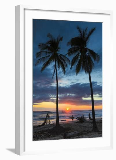 Surfer and Palm Trees at Sunset on Playa Guiones Surf Beach at Sunset-Rob Francis-Framed Photographic Print