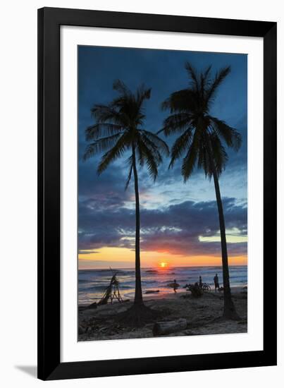 Surfer and Palm Trees at Sunset on Playa Guiones Surf Beach at Sunset-Rob Francis-Framed Photographic Print