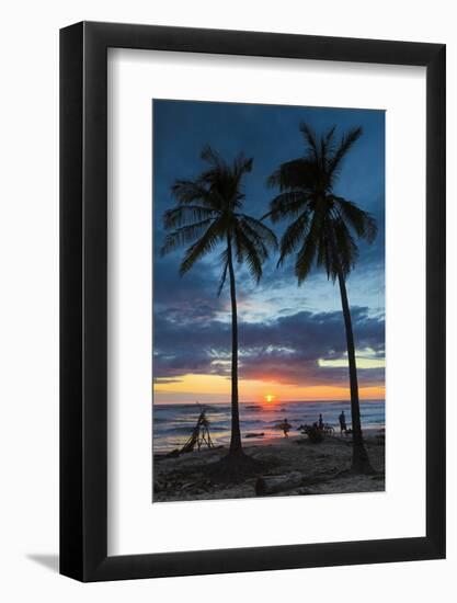 Surfer and Palm Trees at Sunset on Playa Guiones Surf Beach at Sunset-Rob Francis-Framed Photographic Print