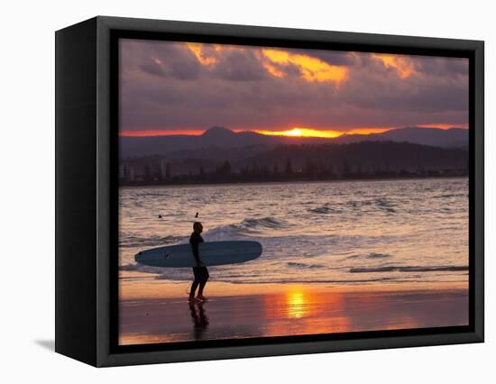 Surfer at Sunset, Gold Coast, Queensland, Australia-David Wall-Framed Stretched Canvas
