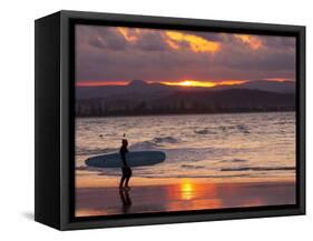 Surfer at Sunset, Gold Coast, Queensland, Australia-David Wall-Framed Stretched Canvas