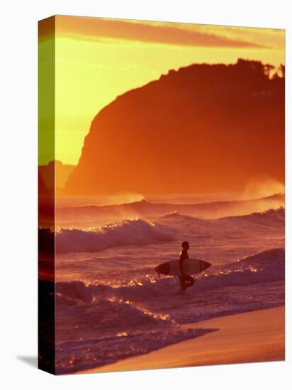 Surfer at Sunset, St Kilda Beach, Dunedin, New Zealand-David Wall-Stretched Canvas