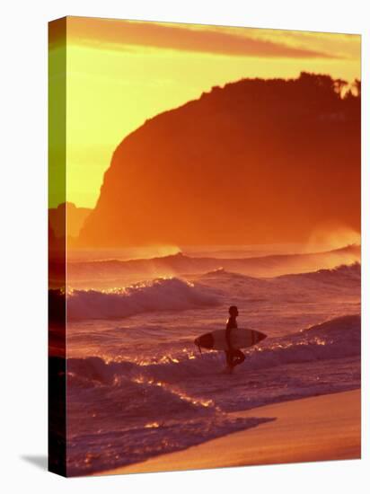 Surfer at Sunset, St Kilda Beach, Dunedin, New Zealand-David Wall-Stretched Canvas