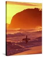 Surfer at Sunset, St Kilda Beach, Dunedin, New Zealand-David Wall-Stretched Canvas