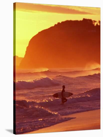 Surfer at Sunset, St Kilda Beach, Dunedin, New Zealand-David Wall-Stretched Canvas