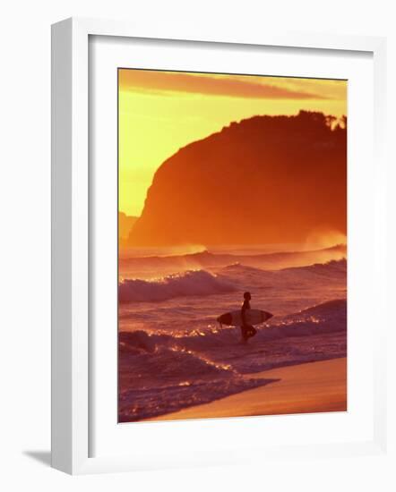 Surfer at Sunset, St Kilda Beach, Dunedin, New Zealand-David Wall-Framed Photographic Print