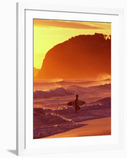 Surfer at Sunset, St Kilda Beach, Dunedin, New Zealand-David Wall-Framed Photographic Print