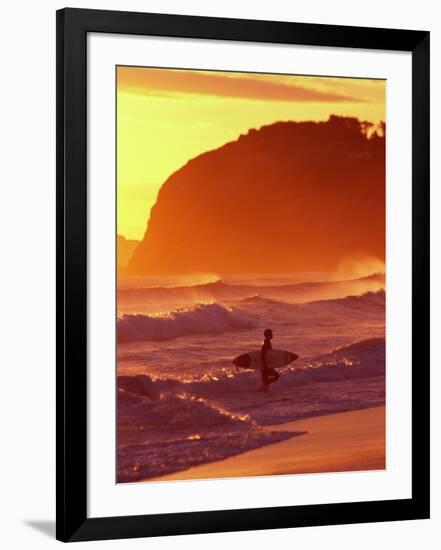 Surfer at Sunset, St Kilda Beach, Dunedin, New Zealand-David Wall-Framed Photographic Print