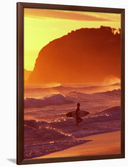Surfer at Sunset, St Kilda Beach, Dunedin, New Zealand-David Wall-Framed Photographic Print