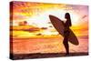 Surfer Bikini Girl on Hawaii Beach Holding Surf Board Watching Ocean Waves at Sunset. Silhouette Of-Maridav-Stretched Canvas