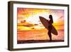 Surfer Bikini Girl on Hawaii Beach Holding Surf Board Watching Ocean Waves at Sunset. Silhouette Of-Maridav-Framed Photographic Print