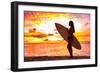 Surfer Bikini Girl on Hawaii Beach Holding Surf Board Watching Ocean Waves at Sunset. Silhouette Of-Maridav-Framed Photographic Print