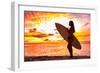 Surfer Bikini Girl on Hawaii Beach Holding Surf Board Watching Ocean Waves at Sunset. Silhouette Of-Maridav-Framed Photographic Print