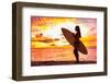 Surfer Bikini Girl on Hawaii Beach Holding Surf Board Watching Ocean Waves at Sunset. Silhouette Of-Maridav-Framed Photographic Print