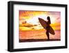 Surfer Bikini Girl on Hawaii Beach Holding Surf Board Watching Ocean Waves at Sunset. Silhouette Of-Maridav-Framed Photographic Print