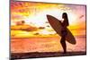 Surfer Bikini Girl on Hawaii Beach Holding Surf Board Watching Ocean Waves at Sunset. Silhouette Of-Maridav-Mounted Photographic Print