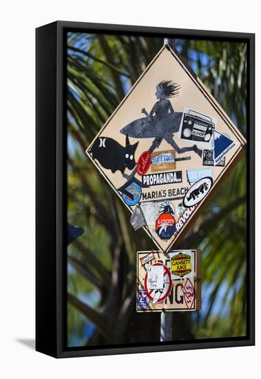 Surfer Crossing Sign, Rincon, PR-George Oze-Framed Stretched Canvas