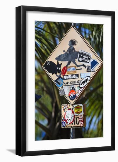 Surfer Crossing Sign, Rincon, PR-George Oze-Framed Photographic Print