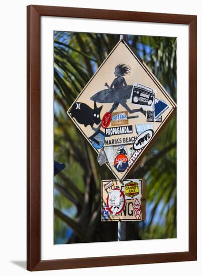 Surfer Crossing Sign, Rincon, PR-George Oze-Framed Photographic Print