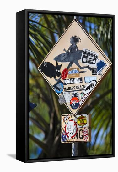Surfer Crossing Sign, Rincon, PR-George Oze-Framed Stretched Canvas