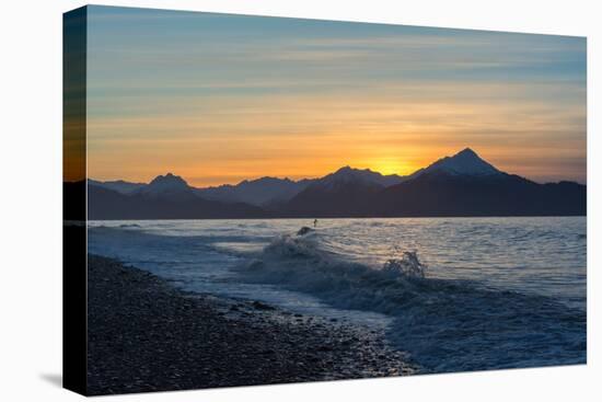 Surfer in Waves at Sunrise-Latitude 59 LLP-Stretched Canvas