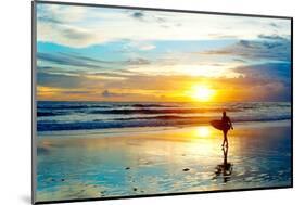 Surfer on the Ocean Beach at Sunset on Bali Island, Indonesia-joyfull-Mounted Photographic Print