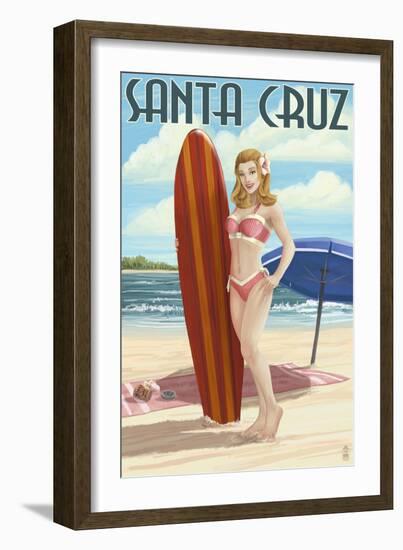 Surfer Pinup Girl - Santa Cruz, California-Lantern Press-Framed Art Print