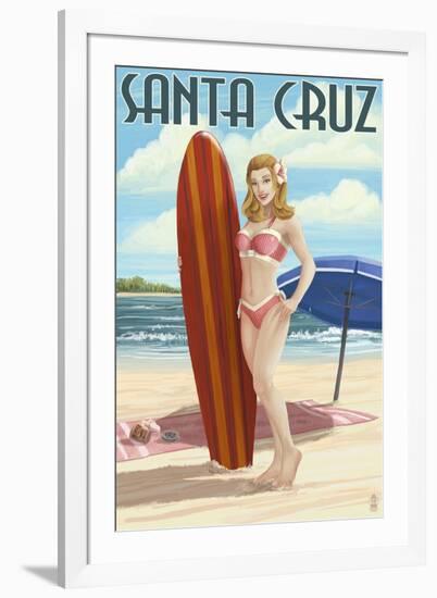 Surfer Pinup Girl - Santa Cruz, California-Lantern Press-Framed Art Print