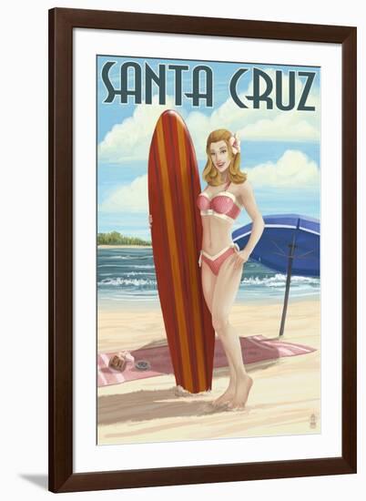 Surfer Pinup Girl - Santa Cruz, California-Lantern Press-Framed Art Print