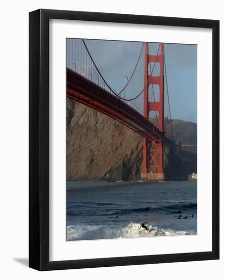 Surfer Rides a Wave Near the Golden Gate Bridge in San Francisco-null-Framed Photographic Print