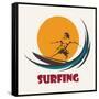 Surfer Rides on a Long Board. Surfing Club Emblem. Isolated on White-Olena Bogadereva-Framed Stretched Canvas