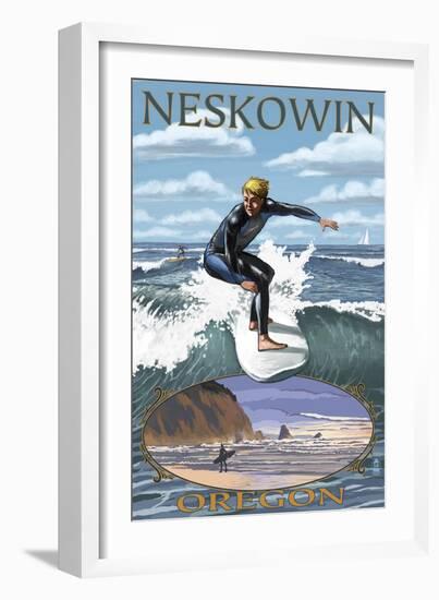 Surfer Scene - Neskowin, Oregon-Lantern Press-Framed Art Print