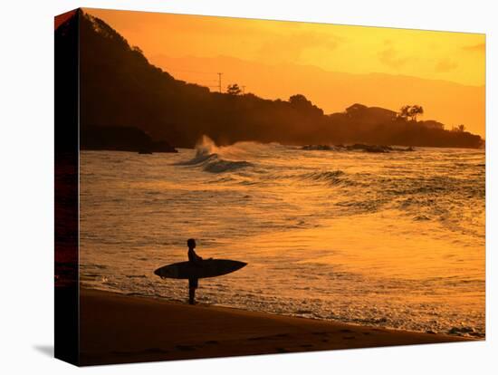 Surfer Standing at Waimea Bay at Sunset, Waimea, U.S.A.-Ann Cecil-Stretched Canvas
