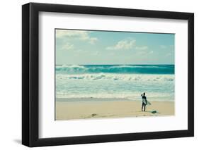 Surfer standing on the beach, North Shore, Oahu, Hawaii, USA-null-Framed Photographic Print