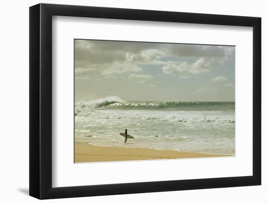 Surfer standing on the beach, North Shore, Oahu, Hawaii, USA-null-Framed Photographic Print