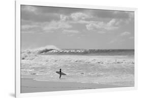 Surfer standing on the beach, North Shore, Oahu, Hawaii, USA-null-Framed Photographic Print