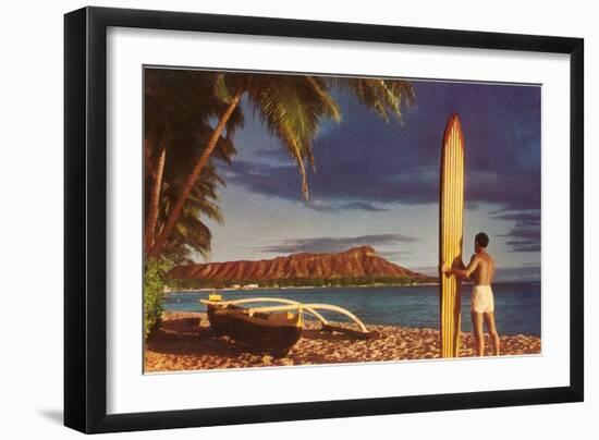 Surfer with Diamond Head-null-Framed Art Print