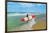 Surfer with Long Board, Retro-null-Framed Art Print