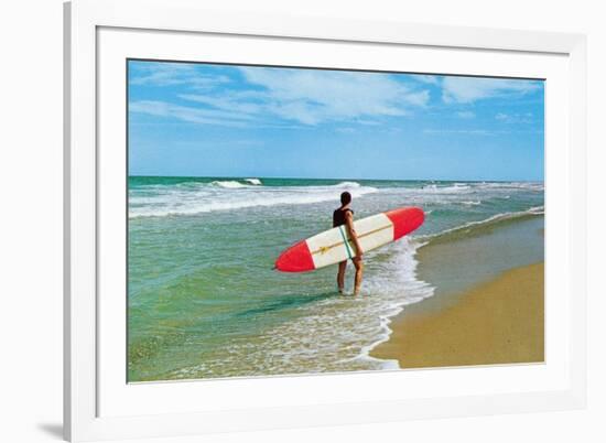 Surfer with Long Board, Retro-null-Framed Art Print