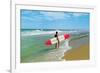 Surfer with Long Board, Retro-null-Framed Art Print