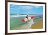 Surfer with Long Board, Retro-null-Framed Art Print