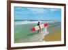 Surfer with Long Board, Retro-null-Framed Art Print