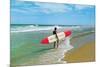 Surfer with Long Board, Retro-null-Mounted Art Print